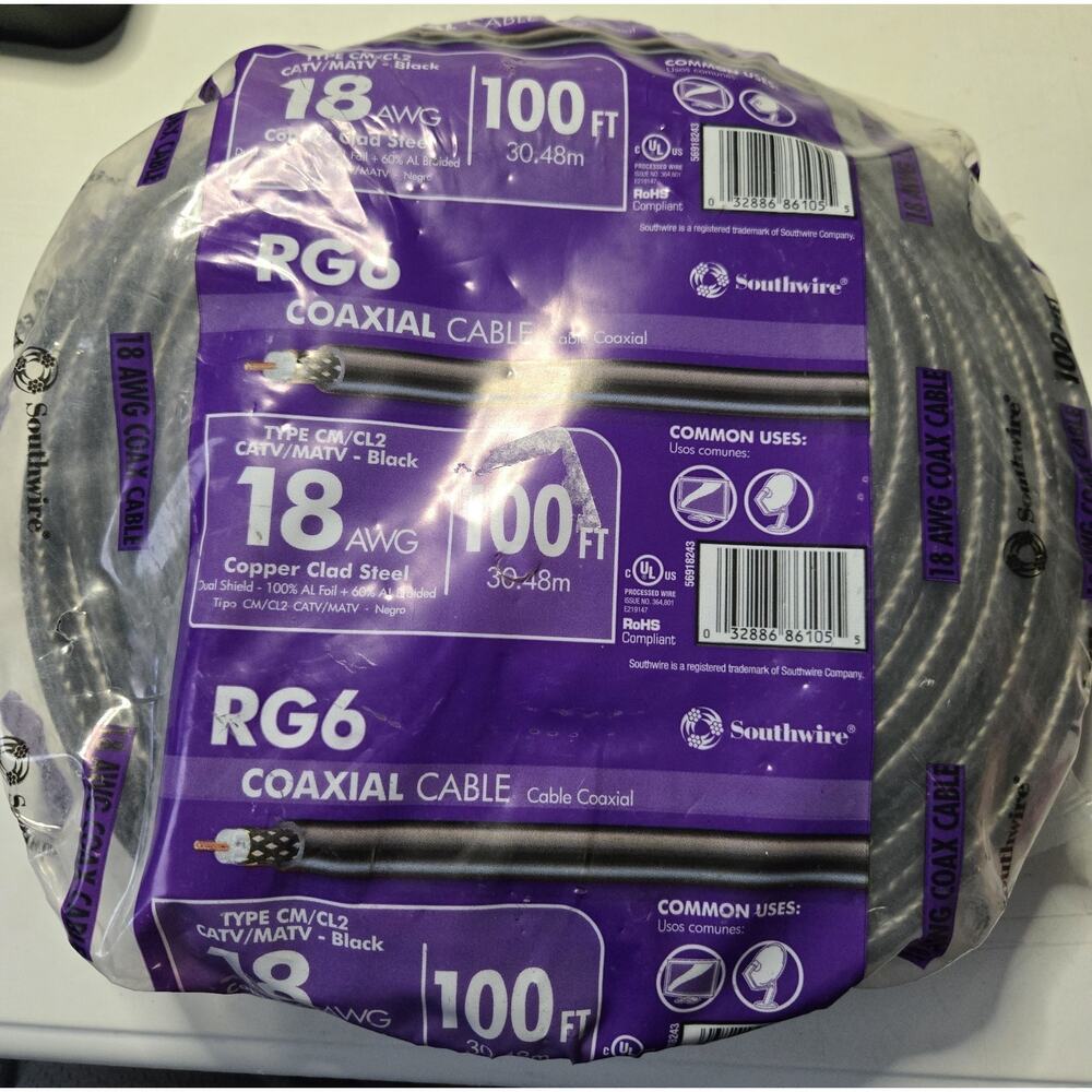 Southwire Coaxial Cable 100ft Black RG6 18 AWG Copper Clad Steel Dual Shielded